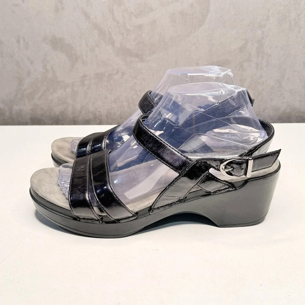 Dansko Black Leather Wedge Sandals